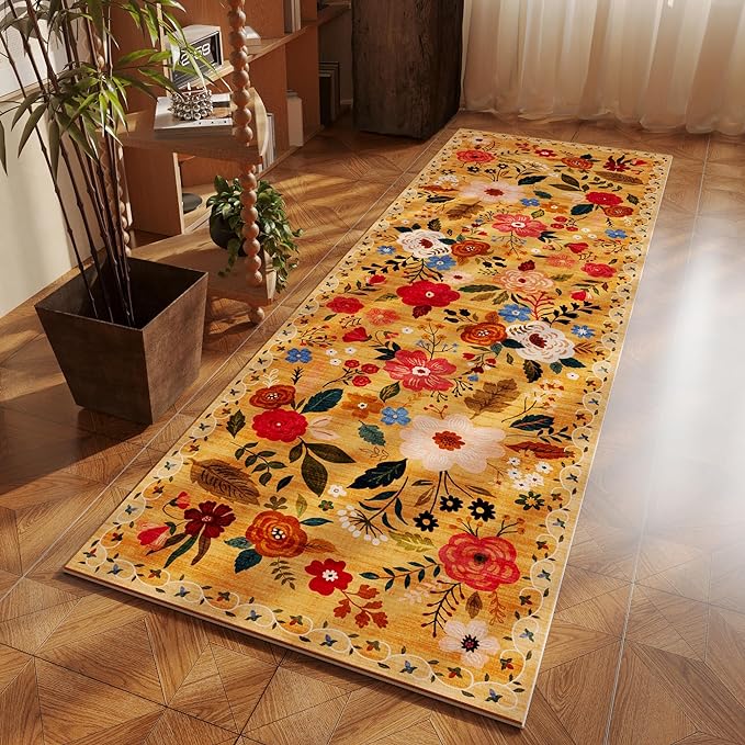 Runner Rug for Hallways Kitchen Rug Non Slip 2'6''x8' Washable Runner Rugs with Rubber Backing Soft Floral Carpet Runner for Hallways, Kitchen, Laundry, Bedroom, Bathroom(Yellow)-Ruum Studio Home