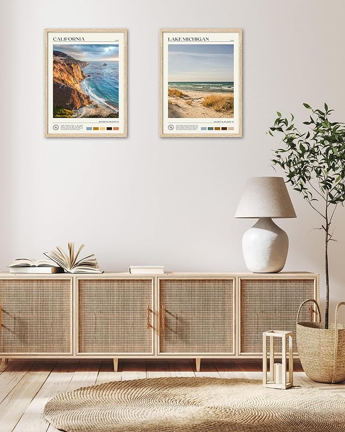 HesenDot Natural OAK Wood Coastal California Refers Framed Wall Art,12x16in Natural Seascape Canvas Wall Print,Classic Urban Landmark Wall Decor for Living Room,Bedroom,Office Gallery Gifts Set of 1-Ruum Studio Home