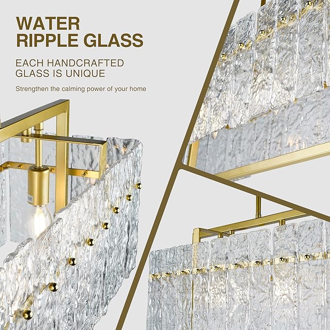 IKK Modern Gold Rectangle Chandeliers for Dining Room, Crystal Water Ripple Light Fixture, Elegant Farmhouse Linear Lighting for Kitchen Island, Bar Table, L33 x W9 x H12-Ruum Studio Home