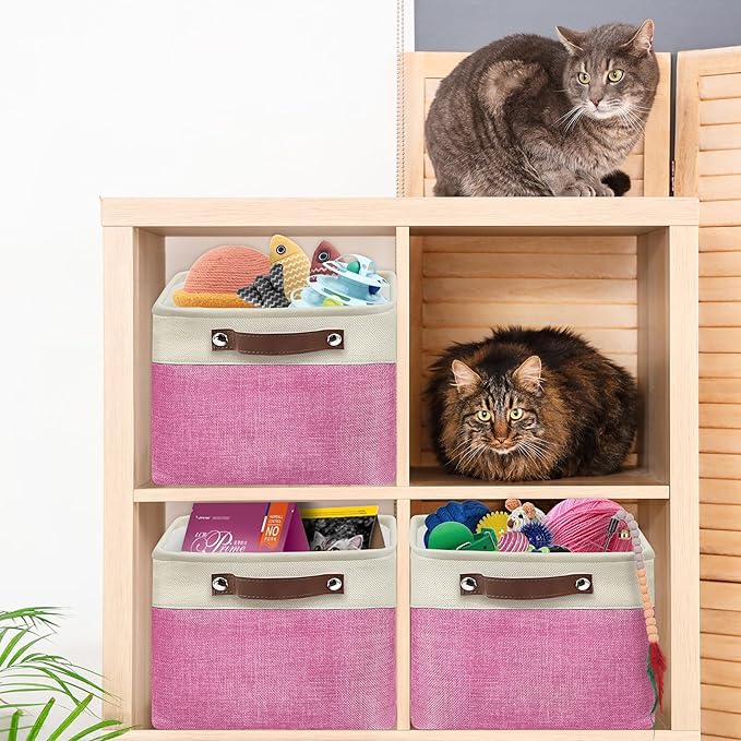 SIMPLE HOUSEWARE Large Fabric Storage Bin, 15" x 11" with Leather Like Handles, 3 Pack, Pink-Ruum Studio Home