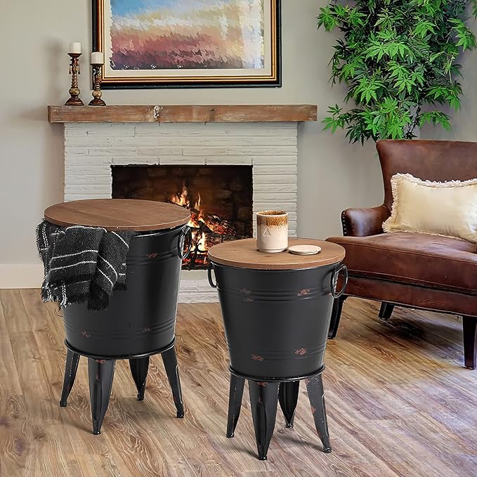 Rustic Storage Farmhouse Accent Side Table, Antique Galvanized Metal End Coffee Cocktail Table Box Bin with Round Wooden Lid Set of 2 (Black)-Ruum Studio Home