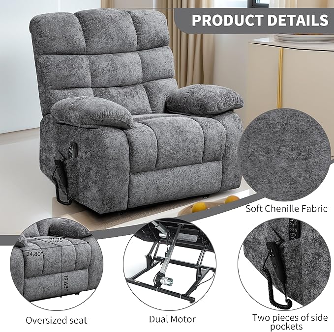 Power Lift Recliner Chair for Elderly People, Lay Flat Recliner with Vibration Massage and Lumbar Heating, Lift Chair with Infinite Position and 2 Remote Controls, Chenille Fabric Gray-Ruum Studio Home