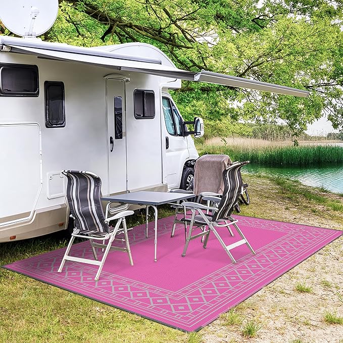 GENIMO Outdoor Rug Waterproof 6'x9' for Patio, Foldable Reversible Plastic Straw Carpet for Travel Trailers, Outside Area Mat for Rv, Deck, Picnic, Porch, Camper, Balcony, Beach, Pink & Grey-Ruum Studio Home