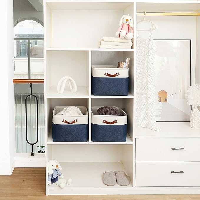 OrganiHaus Extra Large Fabric Storage Bins for Shelves 16x13in, Closet Storage Baskets for Shelf Organizing, Canvas Rectangle Bins for Organization, Linnen Baskets for Organizing - Navy Blue/White-Ruum Studio Home