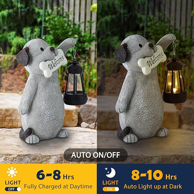 Solar Dog Statues for Garden Decor - Outdoor Dog Figurines with Solar Lantern for Yard Patio Lawn Balcony Ornaments - Garden Gifts for Mothers Day, Grandma, Easter-Ruum Studio Home