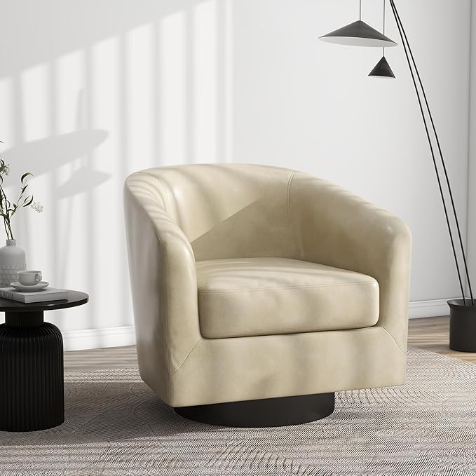 Swivel Barrel Accent Chair, Modern Round Faux Leather Arm Chair for Living Room, Bedroom, Comfy Club Reading Chairs for Adults, Faux Leather, Cream, Set of 1-Ruum Studio Home