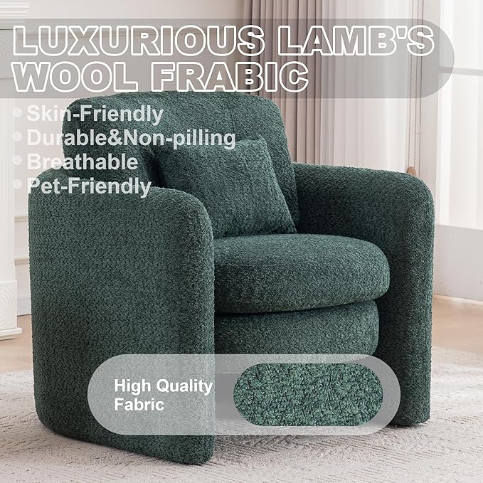 Chenille Accent Armchair Oversize Upholstered Barrel Comfy Modern Round Lounge Chair with Pillow Cozy Reading Chairs for Apartment,Office,Living Room,Dining,Makeup,Club,Green-Ruum Studio Home