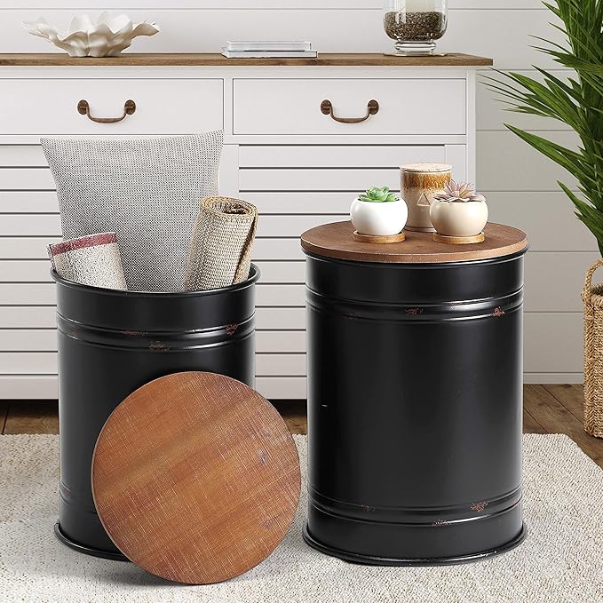 Rustic Storage Ottoman Seat Stool, Farmhouse Accent Side Table, Antique Galvanized Metal End Table Box Bin with Round Wooden Lid Set of 2 (Black)-Ruum Studio Home