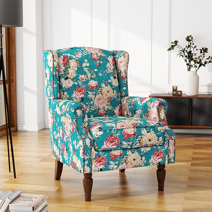 UIXE High Back Floral Accent Chair, Upholstered Armchair in Fabric, Retro Printed Wingback Arm Chair for Living Room, Nailhead Trim Single Sofa Bedroom Reading Seat - Peacock Blue-Ruum Studio Home