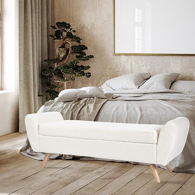 HomePop Modern Storage Bench with Wood Legs Home Décor|Bench with Storage for Living Room & Bedroom - Sherpa Cream-Ruum Studio Home