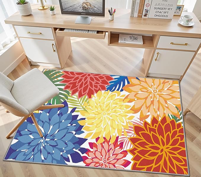 Area Rug 3x5 Washable Entry Rug Multicolored Tropical Botanical Modern Floral Indoor Kitchen Door Mat Entrance Carpet Non Slip for Bedroom Living Room, Porch-Ruum Studio Home