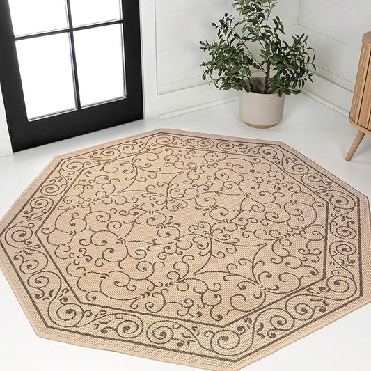 JONATHAN Y Vintage Filigree Indoor Outdoor Octagon Area Rug 5 Ft Beige/Brown, Charleston Textured Weave for Backyard, Patio, Porch, Easy-Cleaning, High Traffic, Pet-Friendly Non-Shedding SMB106A-5TGN-Ruum Studio Home