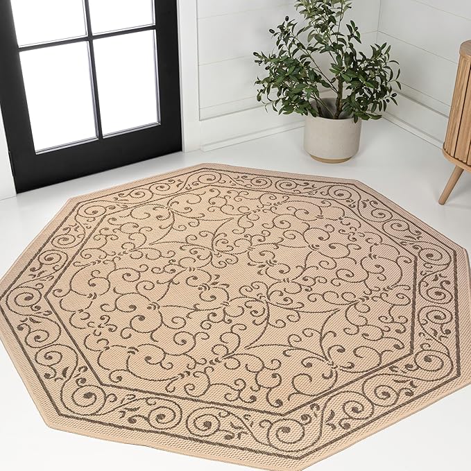 JONATHAN Y Vintage Filigree Indoor Outdoor Octagon Area Rug 8 Ft Beige/Brown, Charleston Textured Weave for Backyard, Patio, Porch, Easy-Cleaning, High Traffic, Pet-Friendly Non-Shedding SMB106A-8TGN-Ruum Studio Home