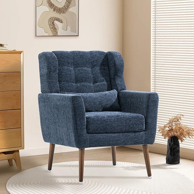 Modern Accent Chair, Upholstered Armchair with Pillow, Fabric Single Sofa Chair with Lounge Seat and Wood Legs Accent Chair for Living Room Bedroom Small Spaces (Dark Blue)-Ruum Studio Home