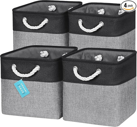 OrganiHaus 11x11 Cube Storage Bins 4 Pack, Foldable Cube Storage Organizer w/ Rope Handles, Collapsible Fabric Bins for Toys, Clothes & Closet Organization, Fabric Square Baskets - Gray/Black-Ruum Studio Home