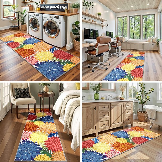Area Rug 2x6 Washable Entry Rug Multicolored Tropical Botanical Modern Floral Indoor Kitchen Door Mat Entrance Carpet Non Slip for Bedroom Living Room, Porch-Ruum Studio Home