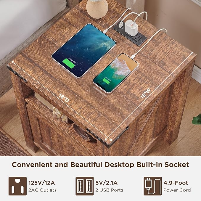 OKD Nightstand with Charging Station Set of 2, 18 Inchs Farmhouse End Table with Adjustable Storage Shelf, Rustic Wood Sofa Side Table for Living Room, Bedroom-Ruum Studio Home