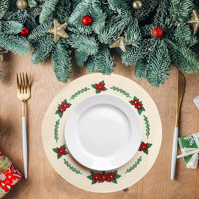 Whaline 4Pcs Round Christmas Flower Placemats Embroidered Xmas Poinsettia Place Mats Decorative Dinner Table Mats for Holiday Party Decor-Ruum Studio Home