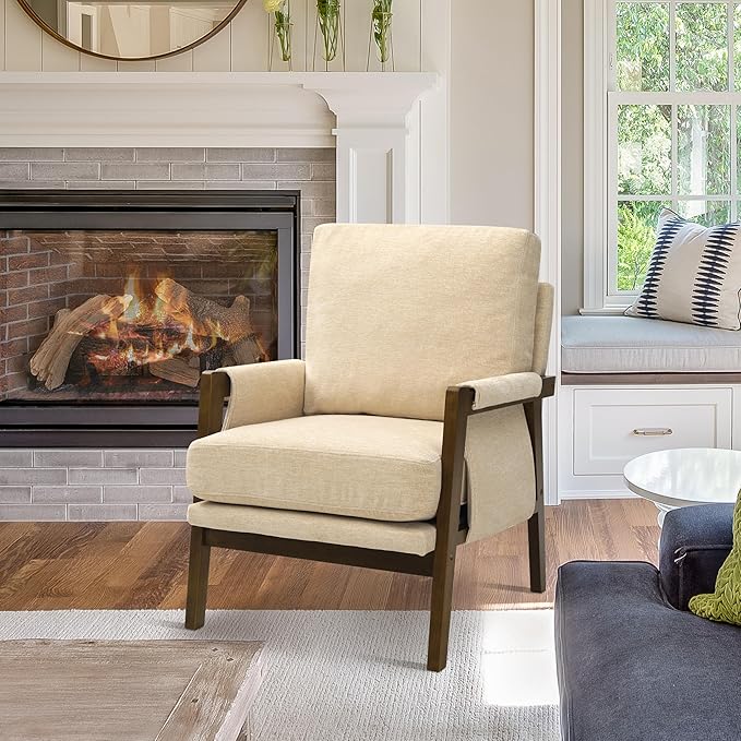 Modern Accent Chair for Living Room Mid Century Arm Chair Upholstered Bedroom Chair Comfy Lounge Chair with Solid Wood Frame, Beige-Ruum Studio Home