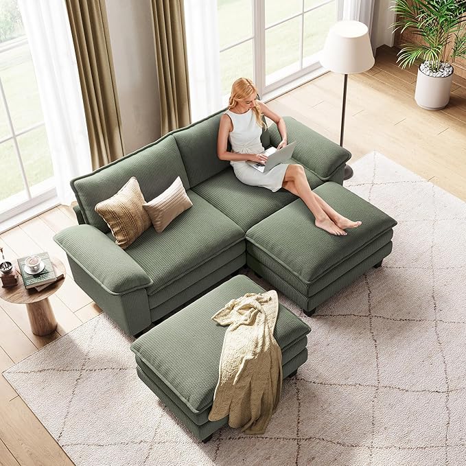 LINSY HOME Modular Sectional Sofa - 90'' Sleeper Sofa Cloud Couch Oversized Corduroy Sofa Bed with Movable Ottoman Soft Modern Comfy Couch for Living Room Apartment Office, Green-Ruum Studio Home