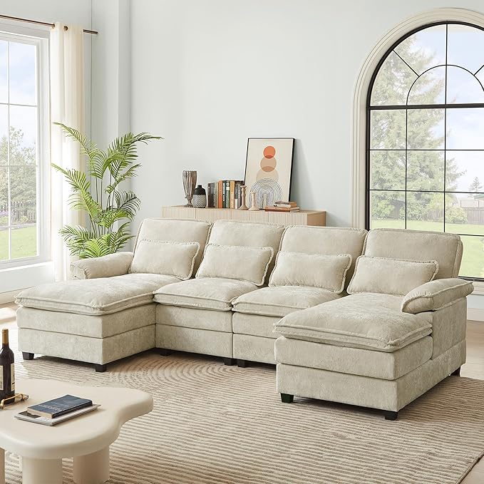 113" Oversized Cloud Couch, U Shape Sectional 4 Seat Sofa with Double Chaises, 2 Layer Cusions, Deep Seat Comfy Sofa, Upholstery Chenille Fabric for Living Room, Beige-Ruum Studio Home