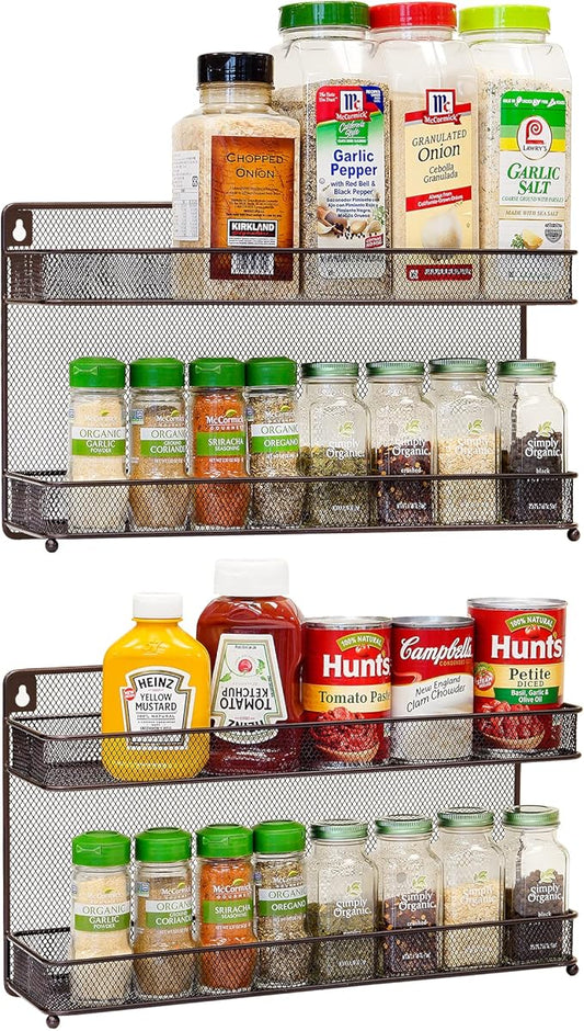 CAXXA 2 PK 2 Tier Mesh Kitchen Counter-top or Wall Mount Spice Rack Jars Storage Organizer, Bronze-Ruum Studio Home