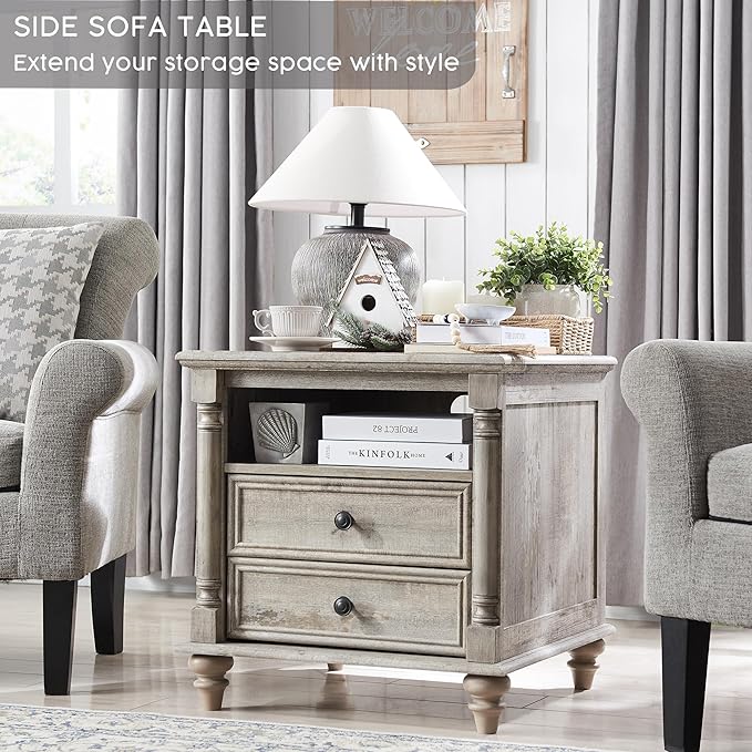 T4TREAM 24'' Farmhouse End Table w/4 Solid Wood Feet, Large 2 Drawers Wide Sofa Side Table with Charging Station, Tall Rustic Wood Square Nightstand for Living Room, Bedroom, Office, Light Rustic Oak-Ruum Studio Home