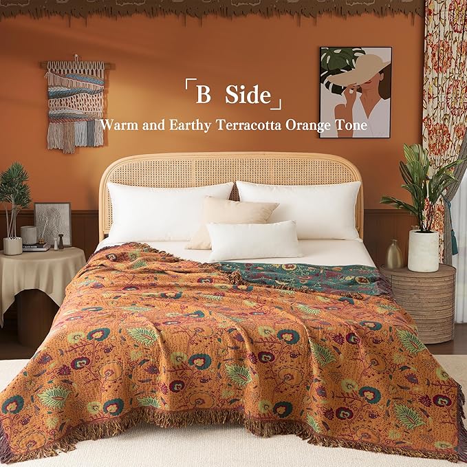 Boho Throw Blanket Full Size, Extra Large Soft Cozy Cotton Muslin Quilt Blanket for Bed Decor, Floral Patterned Couch Sofa Chair Cover, Vintage Farmhouse Cottage Woven Blanket, Green&Orange-Ruum Studio Home