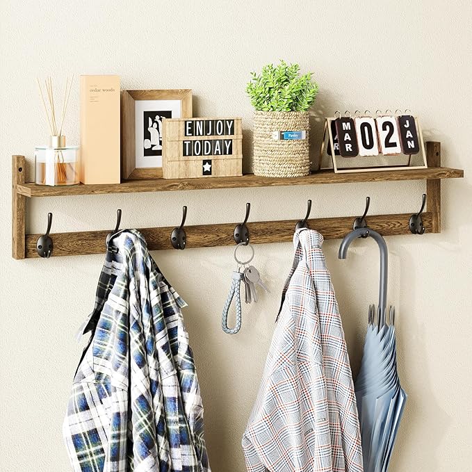 BAMEOS Coat Rack Wall Mount, Large Wooden Coat Hooks with Shelf, 35" L, 7 Dual Metal Hooks for Entryway, Bathroom, Kitchen, Living Room, Bedroom-Ruum Studio Home