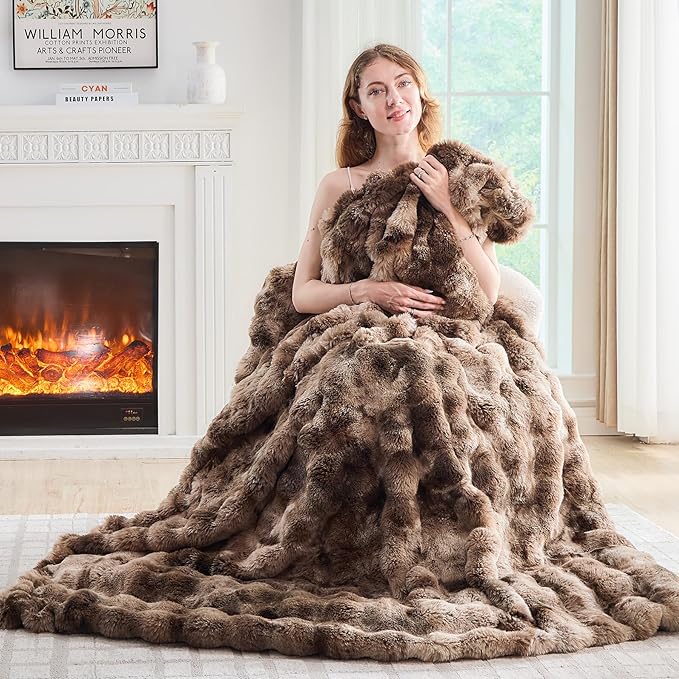 Lotus Karen Faux Fur Throw Blanket Tie-Dye Dark Coffee - Big Bubble Rabbit Fluff Blanket for Couch,Small Fluffy Fuzzy Cozy Blanket,Thick Furry Plush Shaggy Blankets,60x80 Inches-Ruum Studio Home