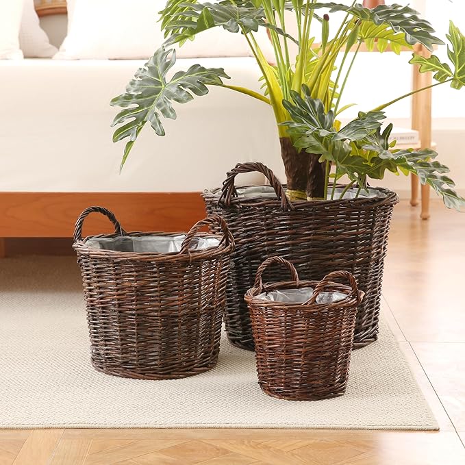 Handwoven Red Willow Planter Basket with Waterproof Liner – Natural Brown Decorative Flower Pot Holder for Indoor Use - Small Size (Inner Top Ø 7", Inner Height 5.9")-Ruum Studio Home