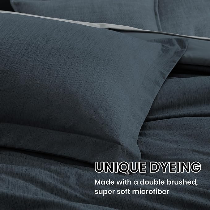 Monbix Queen Comforter Set - 7 Pieces Cationic Dyeing Navy Blue Bed in a Bag Queen Bedding Sets with Comforter, Sheets, Pillowcases & Shams, Reversible Bedding Comforters Sets-Ruum Studio Home