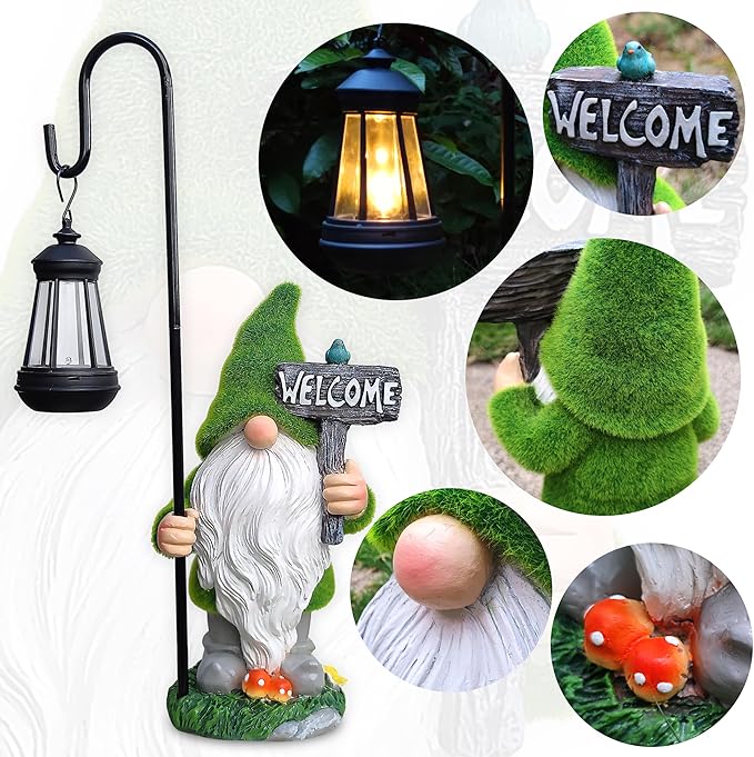 JOYBEE Garden Statues Gnome with Solar Lantern Outdoor Decor-Gnomes Solar Figurines Lights Decorations for Patio Yard Lawn Ornaments-Gifts for Women Mom Grandma-Ruum Studio Home