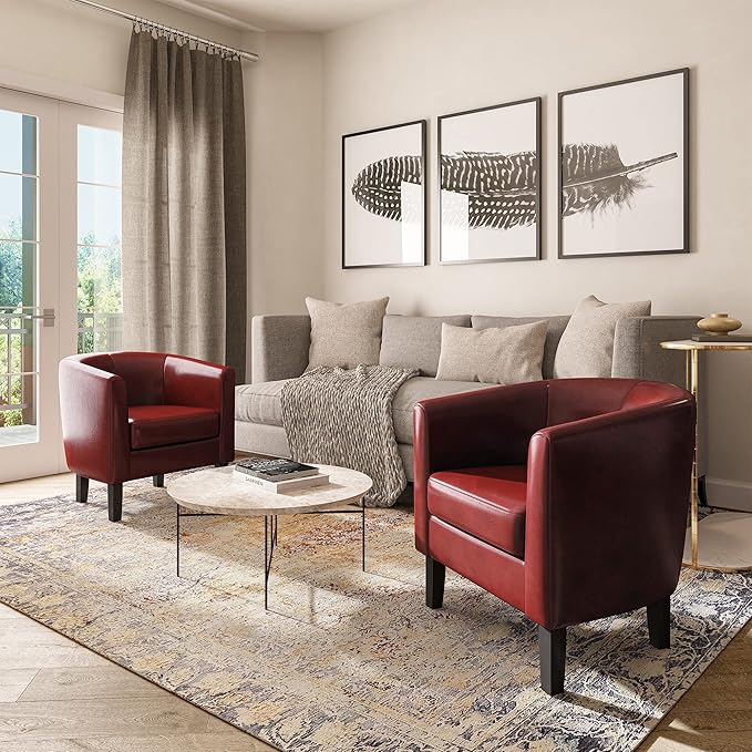 BELLEZE Accent Barrel Chair, Linen Round Chair Club Tub Sofa Corner Chair with Flared Legs and Cozy Soft Padding for Living Room Bedroom Waiting Room - Red-Ruum Studio Home