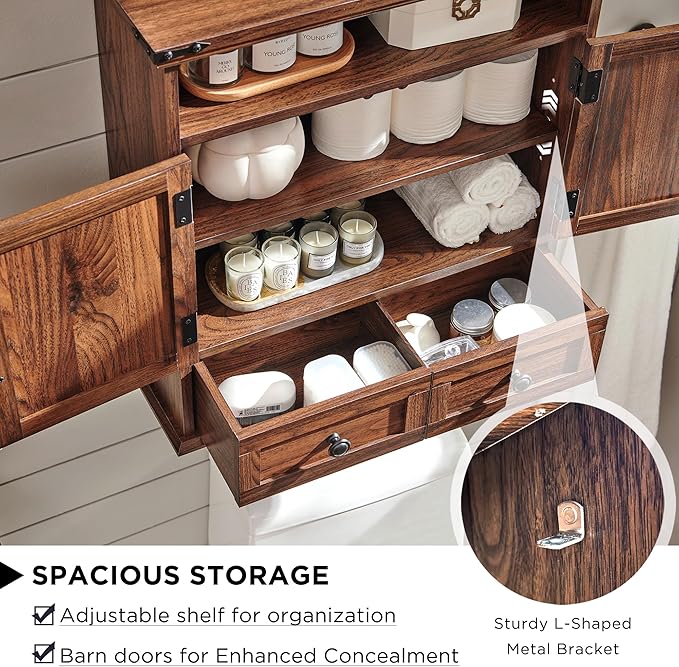 Bathroom Wall Cabinet, Farmhouse Medicine Cabinet, 24" Wide Cabinet with Drawer, Adjustable Shelf, Double Barn Doors, Storage Cabinet for Bathroom, Kitchen, Living Room, Brown-Ruum Studio Home