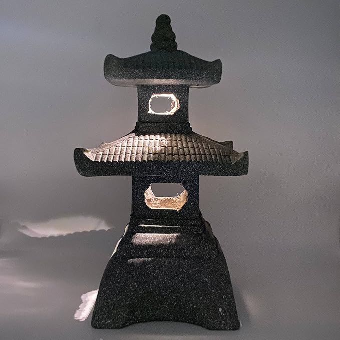 Galt International 2 Tier Pagoda Garden Statue LED Solar Powered Light 26" Tall Outdoor Zen Garden Lantern Landscape Lawn Asian Pagoda Stupa Decor Grey Resin-Ruum Studio Home