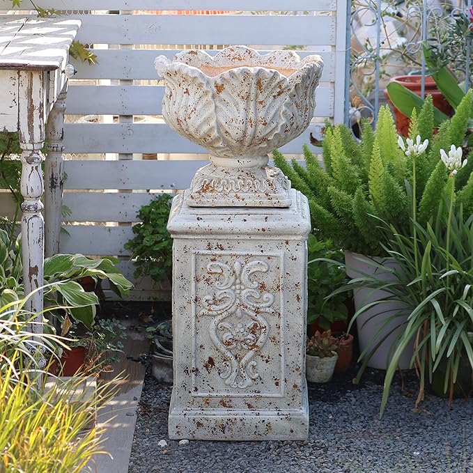 Vintage Garden Urn Planter with Pedestal, Cement and Fiber, Maked Antique, Decorative Leaf Pattern, 14.2x11.8 Inch Pot with 19.3 Inch Stand, Wrap Foam Safely Delivered from Local Warehouse (Antique)-Ruum Studio Home