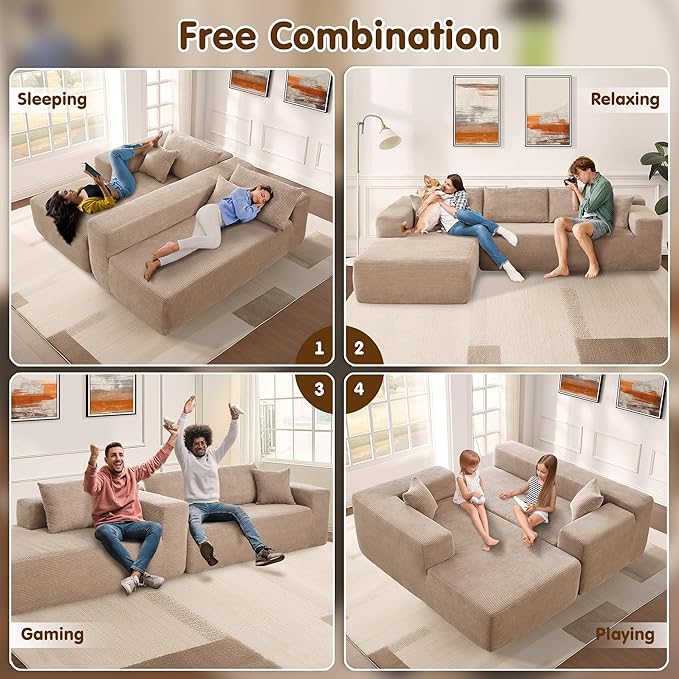 ovios 104" Cloud Sectional Couch with L-Shape Chaise,Modern Modular Sofa with Deep Seat, Upholstered Couches for Living Room Bedroom,No Assembly Required, Camel (Corduroy Fabric)-Ruum Studio Home