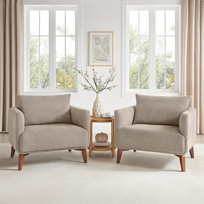 Oversized Accent Chair Modern Boucle Armchair for Living Room Sets of 2 - 37" Wide & Cozy Reading Accent Chair with Solid Wood Legs, Camel Upholstered Lounge Chair for Bedroom & Office(Easy Assembly)-Ruum Studio Home