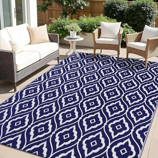 OLANLY Outdoor Rug 9x12 ft Waterproof, Outdoor Plastic Straw Rug with Geometric Pattern Clearance, Reversible RV Mat for Patio, Camping, Balcony, Deck, Backyard, Navy & White-Ruum Studio Home