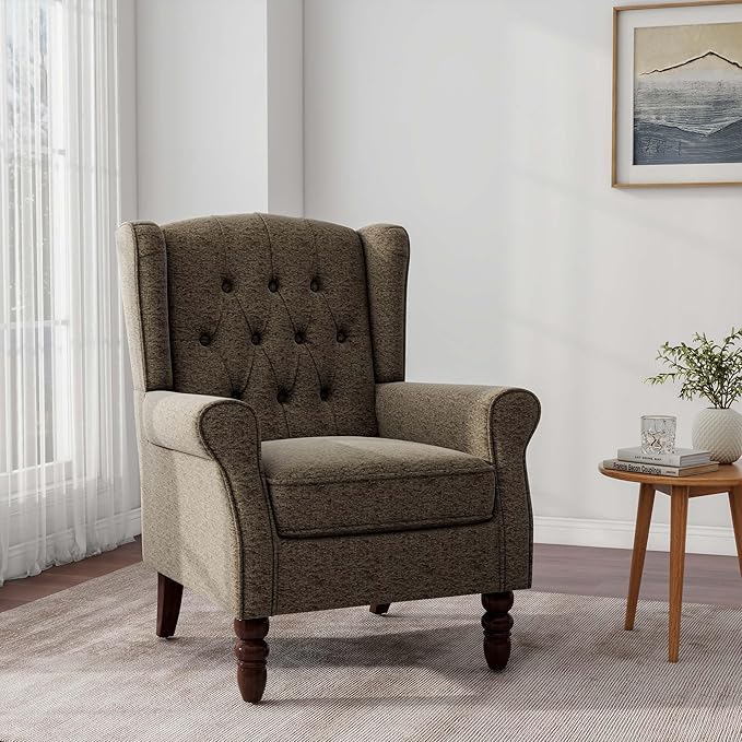 Accent Chair, Upholstered Armchair with Button Tufted High Back & Solid Wood Legs, Comfy Wingback Reading Single Sofa Chair for Small Spaces, Living Room, Bedroom (Taupe, Set of 1)-Ruum Studio Home