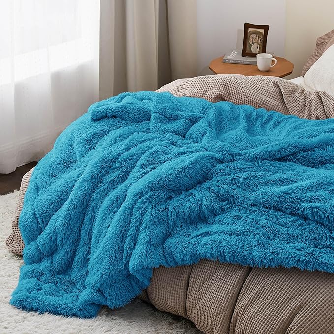 Bedsure GentleSoft Fluffy Bright Blue Blankets Queen Size for Bed, Thick Sherpa Faux Fur Fleece Fuzzy Plush Winter Warm Soft Queen Blankets, Bedroom Decor Blue Cozy Gifts for Women Men, 90x90-Ruum Studio Home