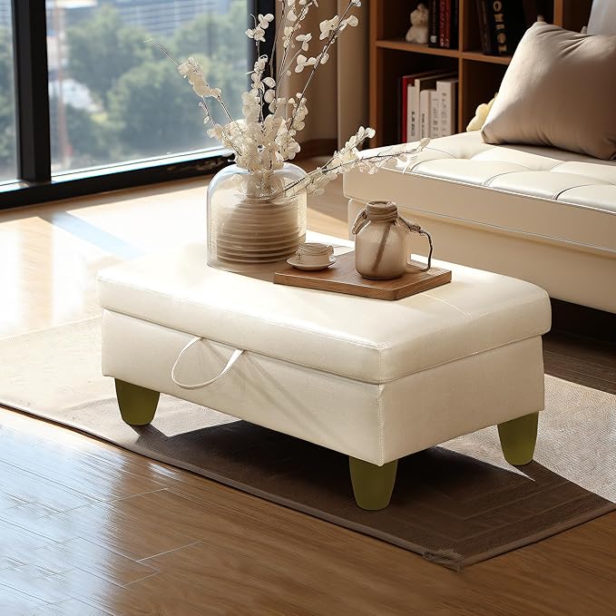 Ottoman Rectangular Storage Ottoman Bench, Faux Leather Footrest, Coffee Table, Stool Footstool with Hinged Lid for Living Room, Bedroom, Entryway, Pearl White, 28.5"x19"x17.5"-Ruum Studio Home