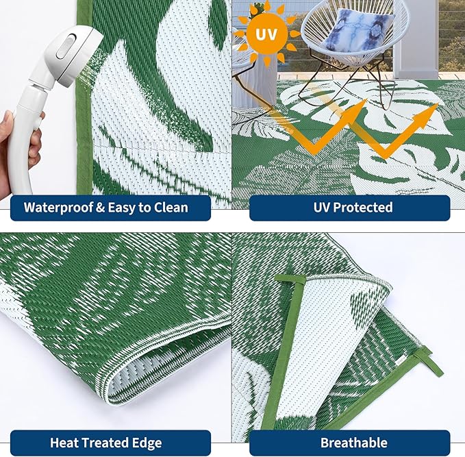 GAOMON Waterproof Plastic Straw Rug 9x12 Outdoor Patio Rug, Reversible Modern Camping Mat with Bag & Stakes, UV Resistant & Easy to Clean Outdoor Carpet for RV, Deck, Balcony, Green-Ruum Studio Home