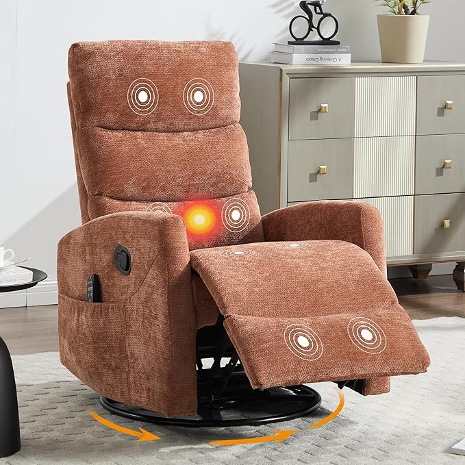 Manual Swivel Rocker Recliner Chair for Adults, Overstuffed Reclining Glider Chair for Nursing with Vibration Massage & Heat, Living Room Rocking Recliner 3-Stage backrest, Chenille Fabric Orange-Ruum Studio Home
