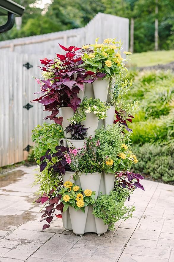 Greenstalk Patented Large 5 Tier Vertical Garden Planter with Patented Internal Watering System Great for Growing a Variety of Strawberries, Vegetables, Herbs, & Flowers (Stunning Stone)-Ruum Studio Home