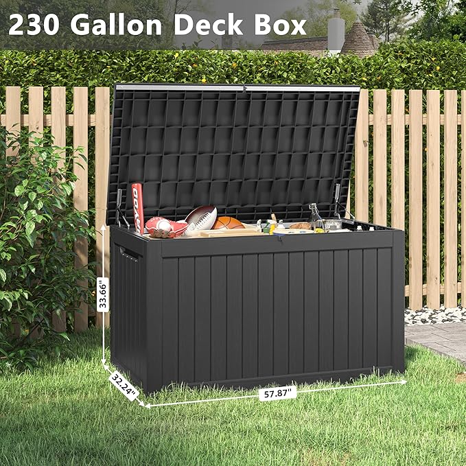 KAMABOKO 230 Gallon Outdoor Storage Box, Resin Deck Boxes Indoor and outdoor, Waterproof Storage Box Lockable Lid for Garden Tools, Package Delivery, Patio Cushions, Black-Ruum Studio Home
