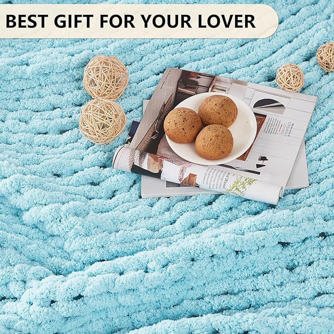 L'AGRATY Chenille Chunky Knit Blanket, Light Blue, 60x80, Heavyweight Throw Blanket for Home Decor-Ruum Studio Home