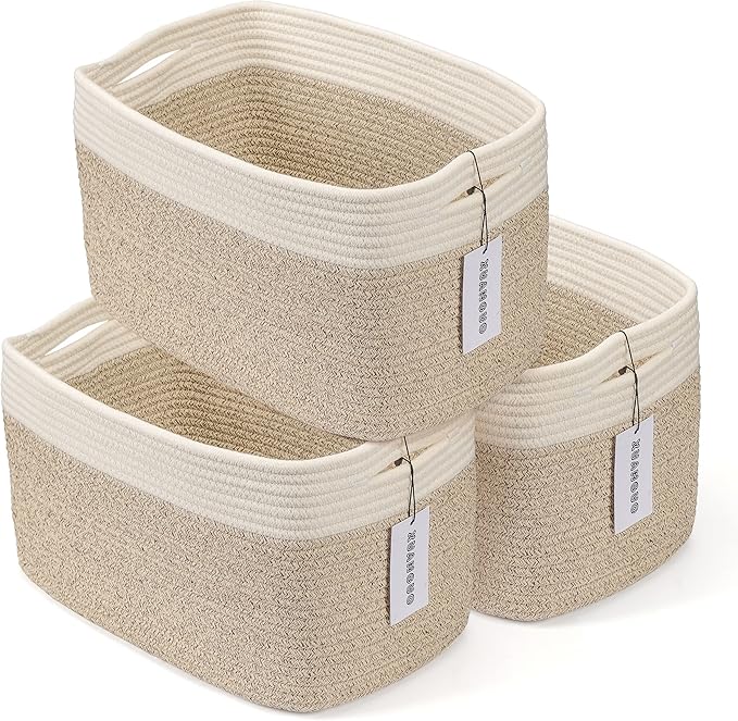 Cotton Rope storage Basket Bins Woven Basket for Organizing Shelves Rectangle Decorative Baskets For storage Clothes Toys Books Towels Square Wicker Nursery basket organizer 3 pack white and brown-Ruum Studio Home