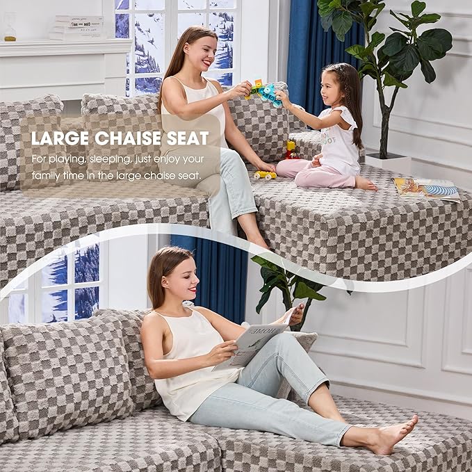Hobestluk 96“ Modular Sectional Sofa Couches L-Shape Couch 3 Seat Modular Sofa Memory Foam Sectional Couches for Living Room, Cloud Couch with Oversized Chaise (Grey, Checked (Right Facing Chaise))-Ruum Studio Home